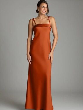 Azazie Ellia - Satin Tie-Shoulder Maxi Dress in Burnt Orange